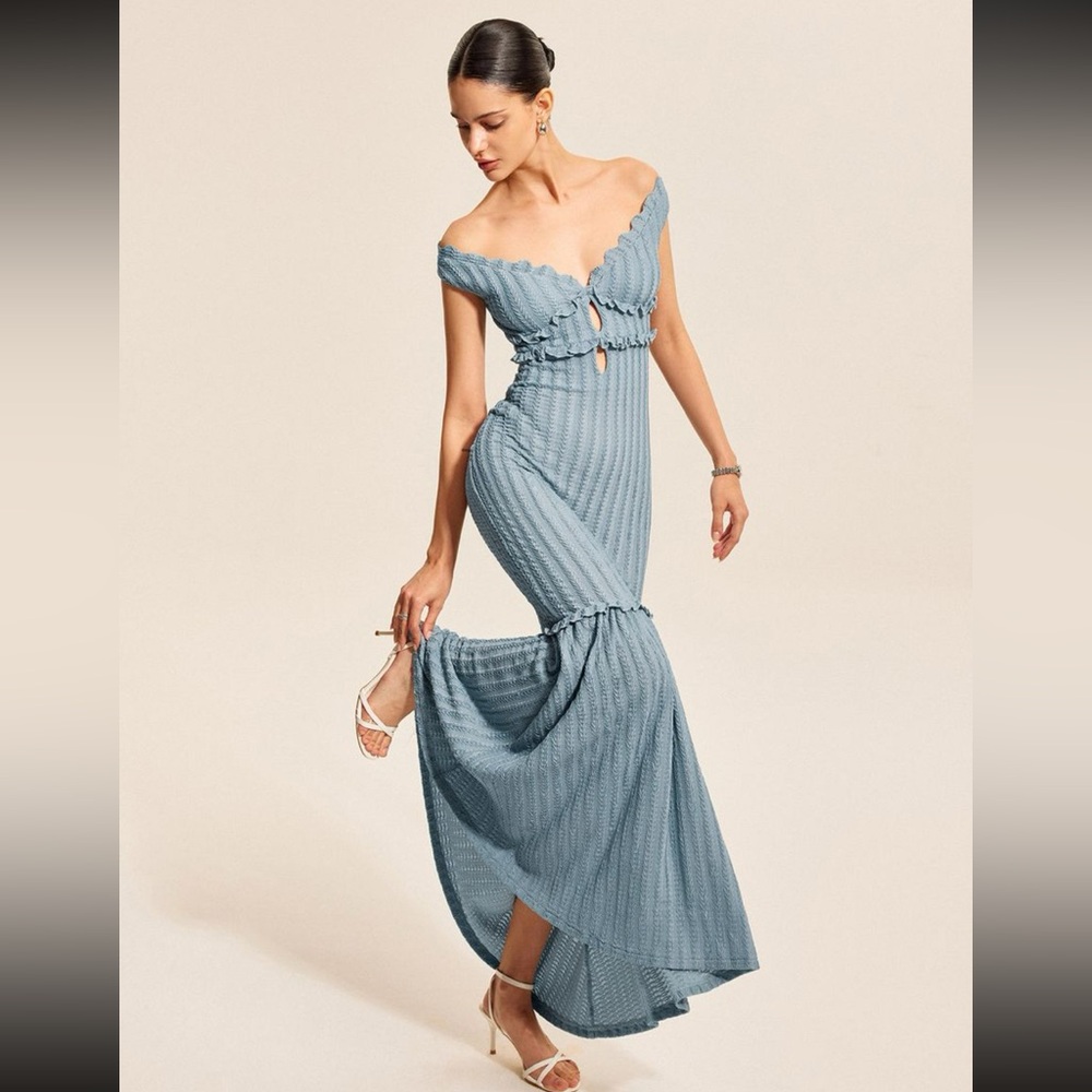 Commense Blue Tiered Ruffled Maxi Gown